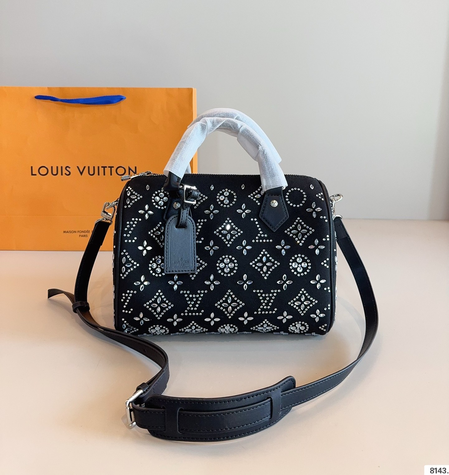 Louis Vuitton LV Speedy 25 Strass Black Monogram Suede Leather Boston Top Handle Bag - KAIROO