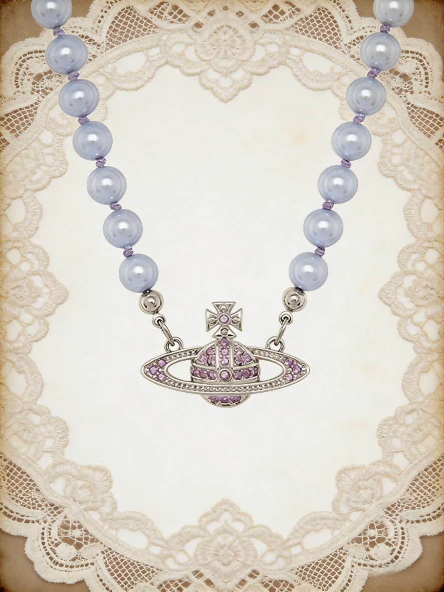 2026 New Silver-Tone Lavender Pearl Choker Necklace, Pink Crystal Planet Pendant, Cute Y2K Aesthetic Jewelry for Daily Wear