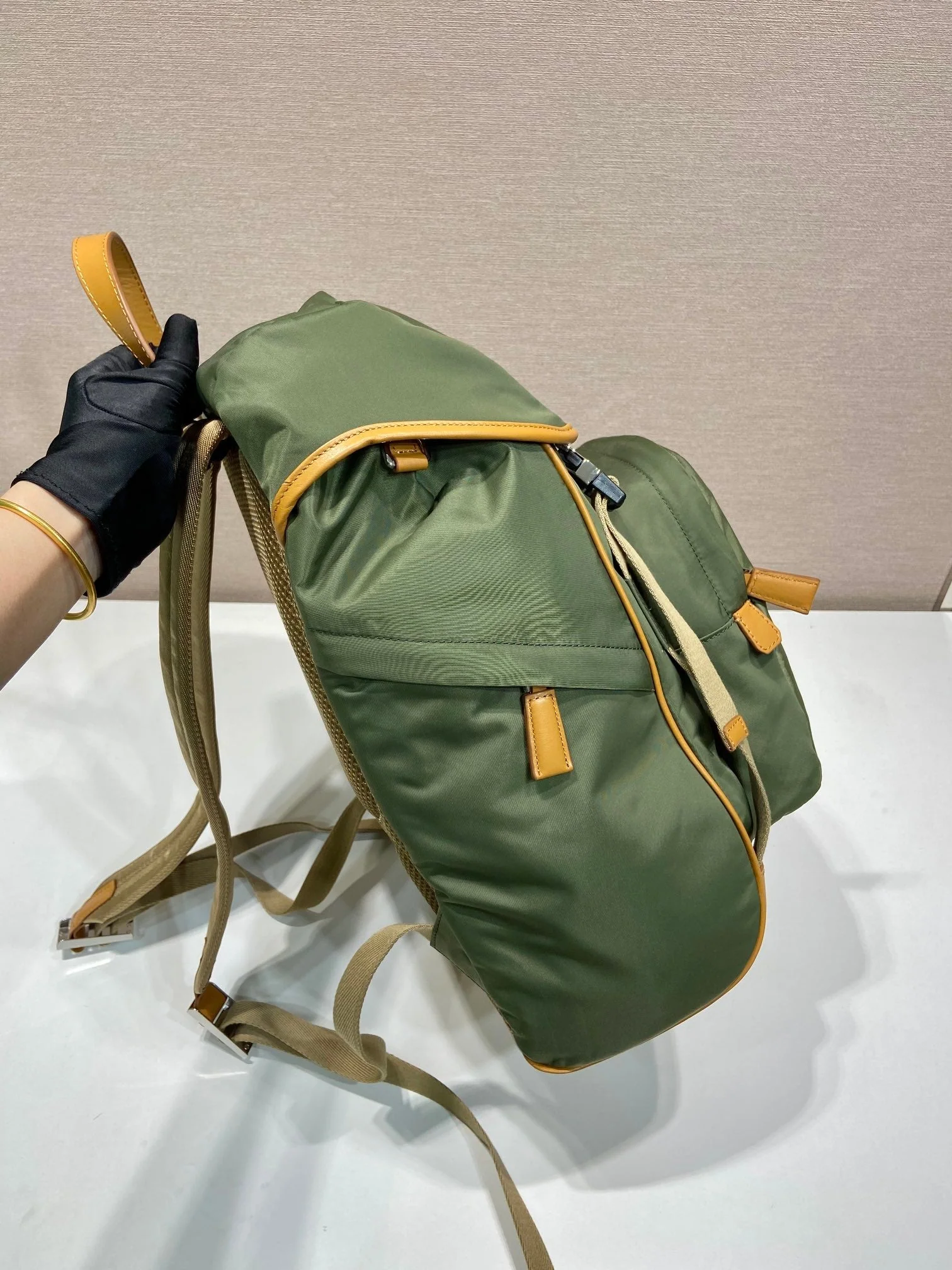 Prada BACKPACK 45 IN SEAWEED GREEN RE-NYLON AND BROWN CALFSKIN TRIM