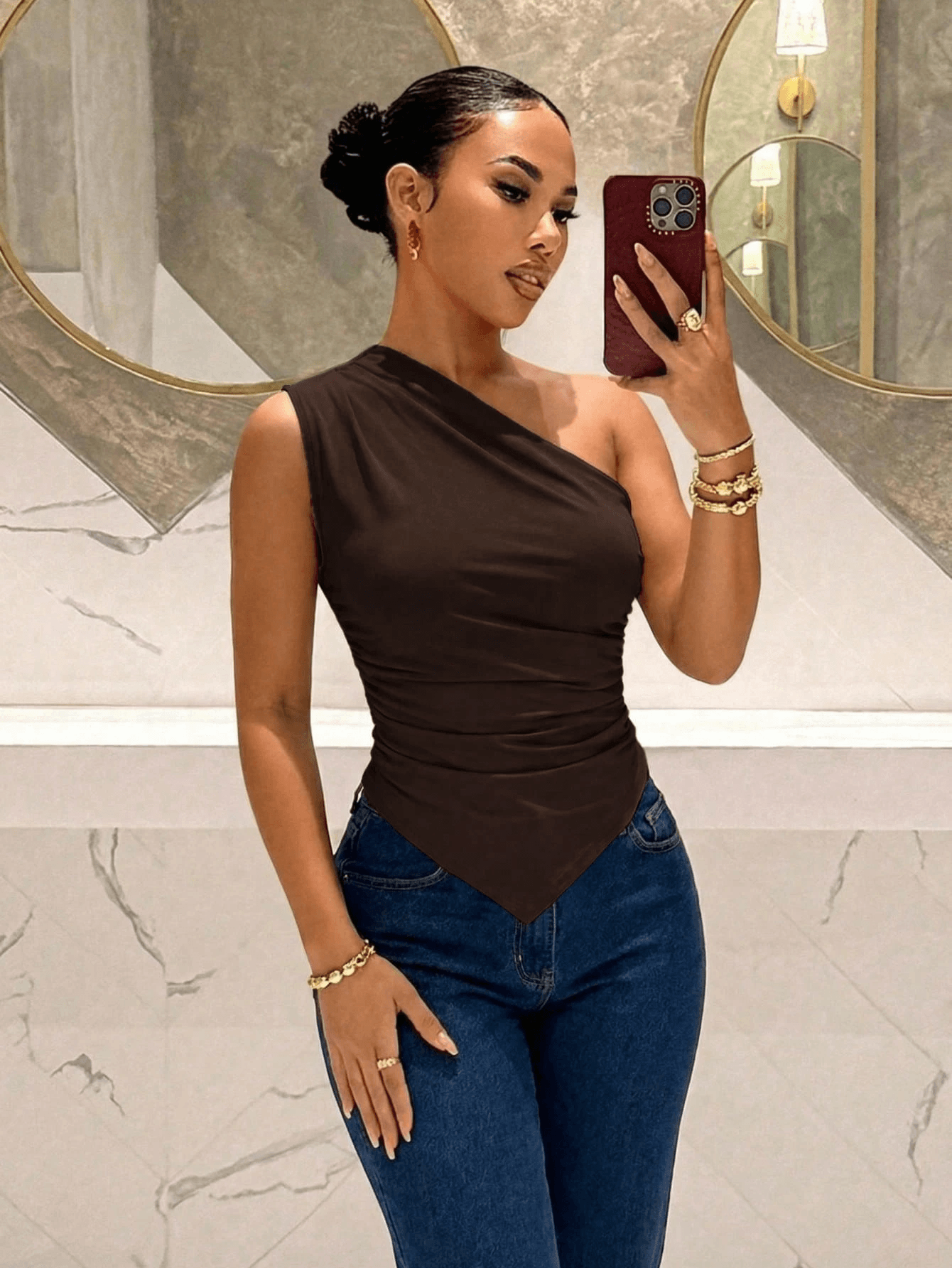Women's Dark Brown One-Shoulder Pleated Hem Top