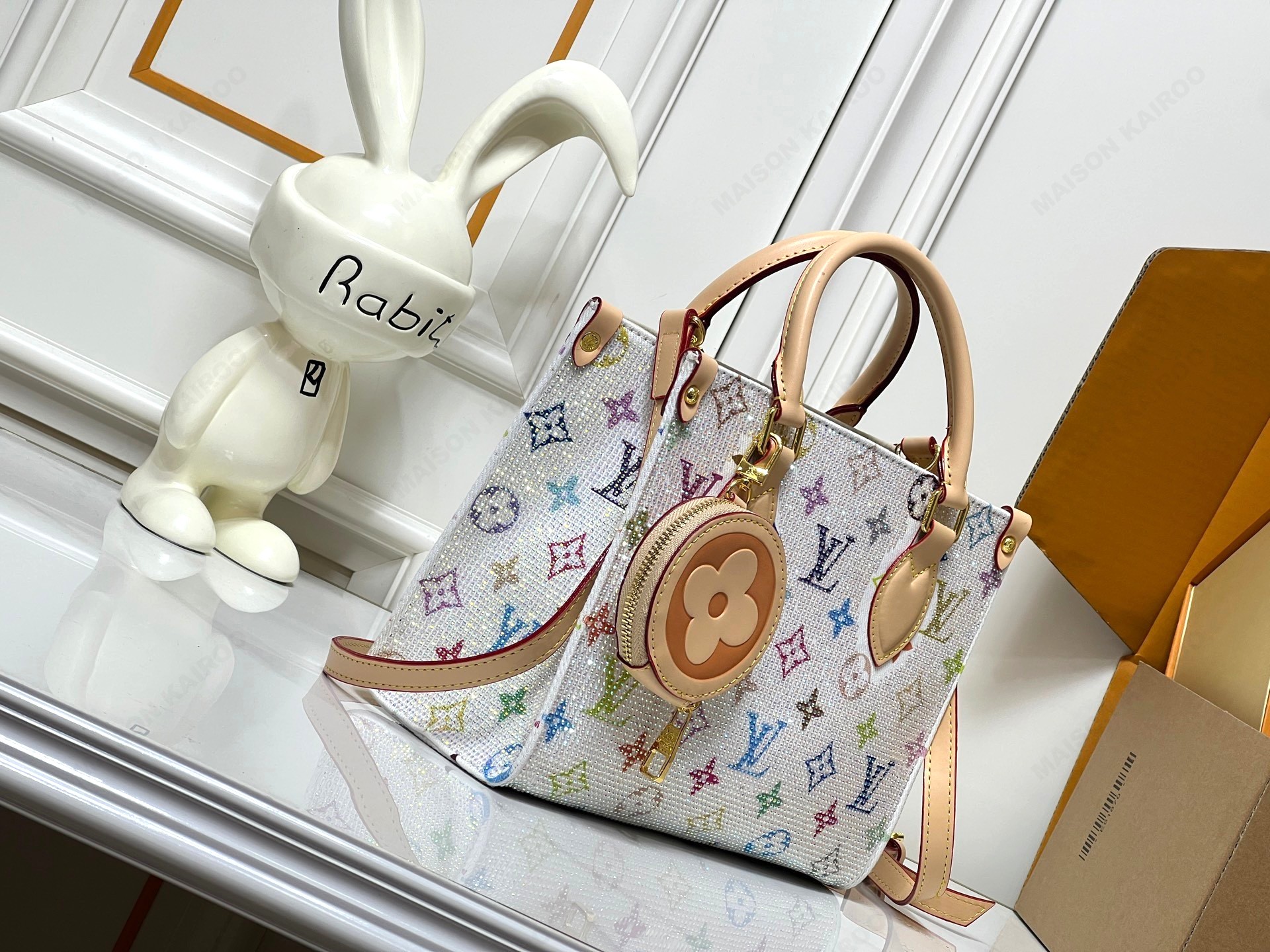 Louis Vuitton LV x TM OnTheGo PM White Multicolor Monogram Crystal Embellished Canvas Top Handle Tote Bag - KAIROO
