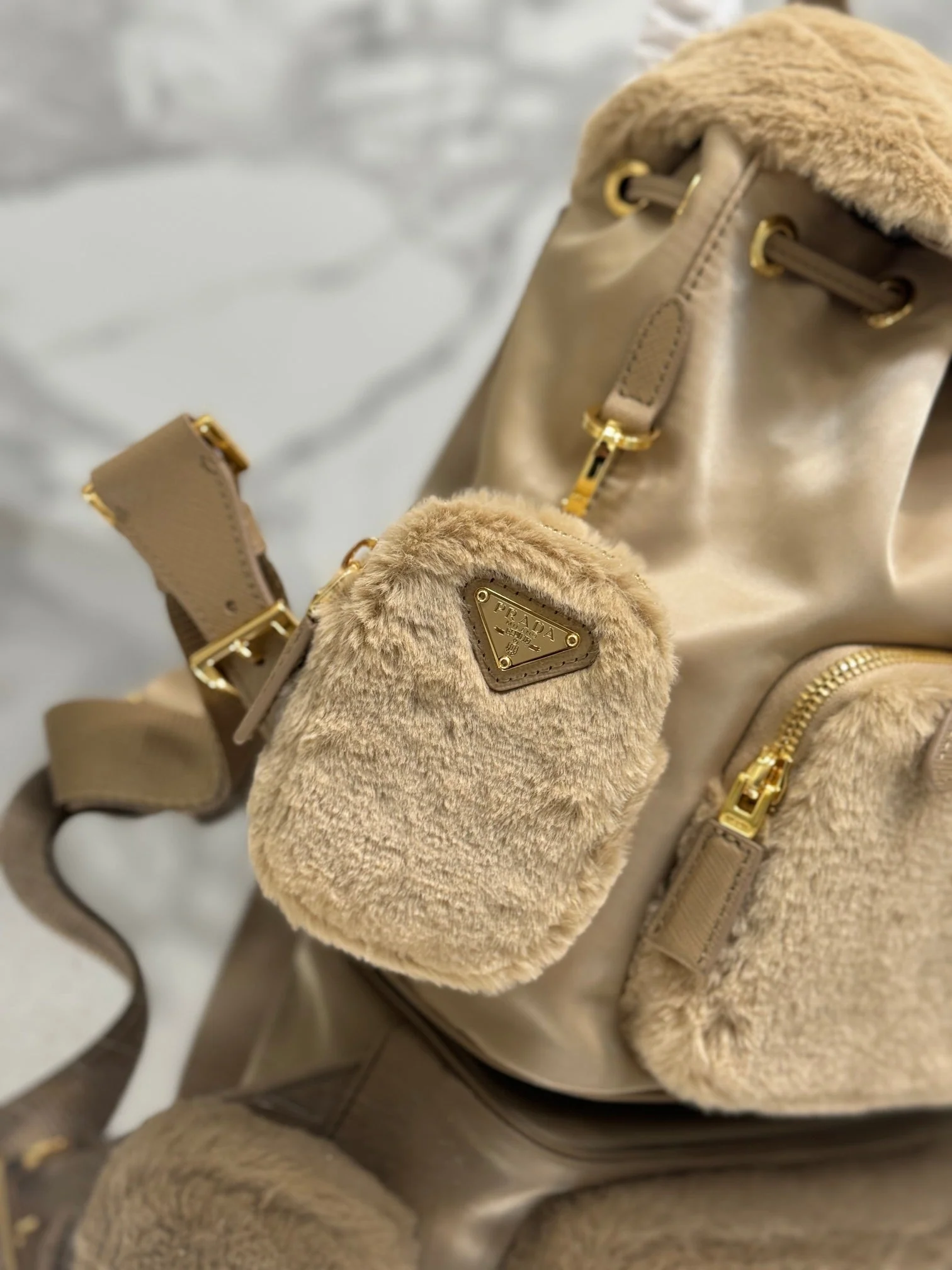 Prada BACKPACK 25 IN BEIGE PARACHUTE FABRIC AND RABBIT FUR