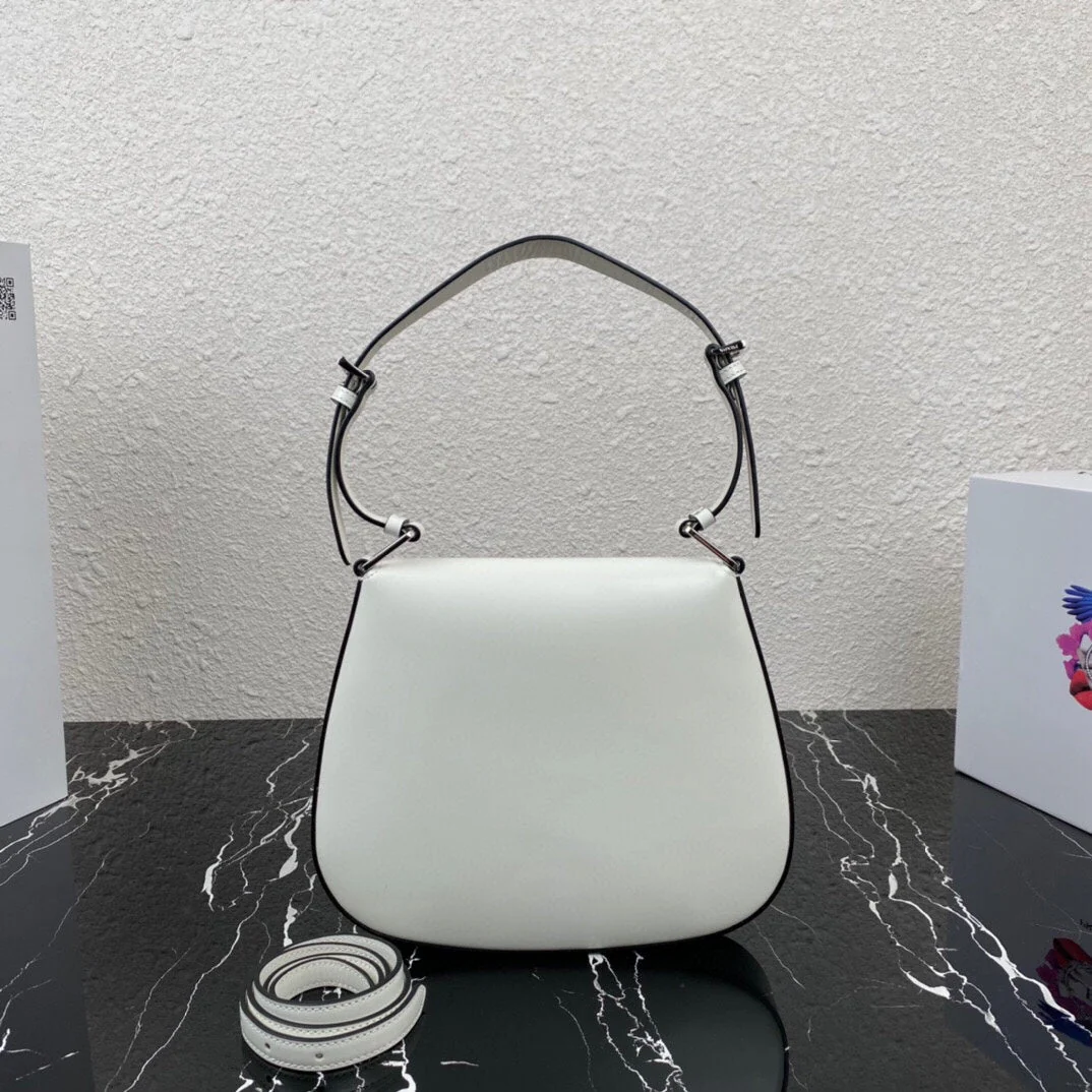 Prada CLEO 24 WHITE BLACK BRUSHED LEATHER SHOULDER BAG