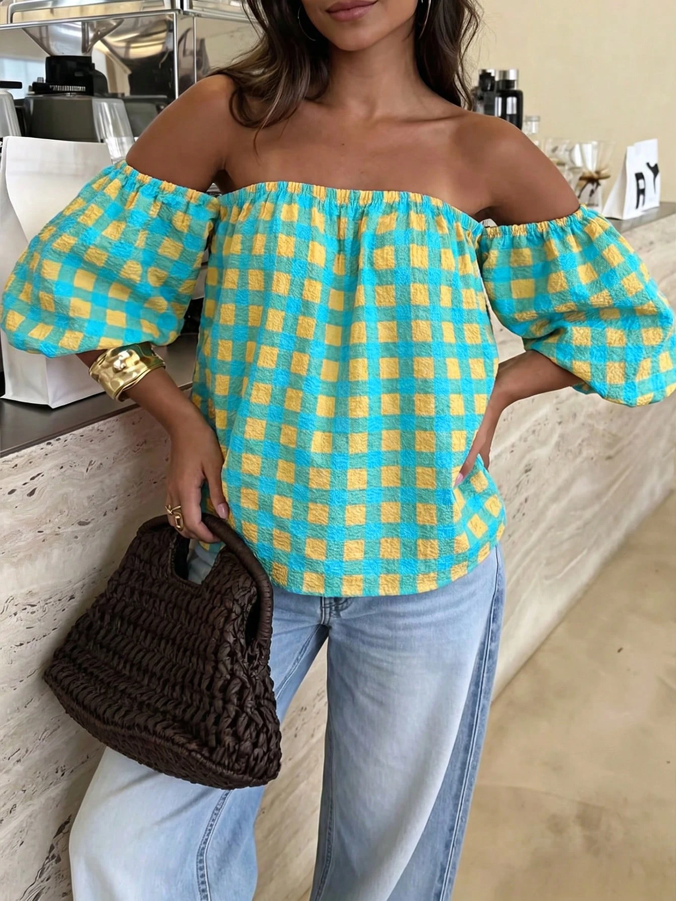 Women's Gingham Puff Sleeve Off-Shoulder Loose Blouse