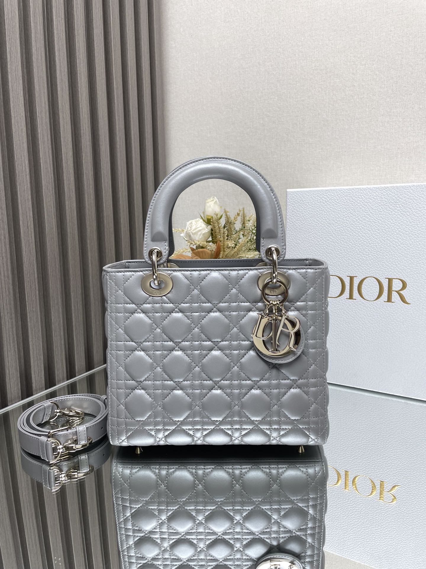 Medium Lady Dior Bag in Metallic Grey Cannage Lambskin