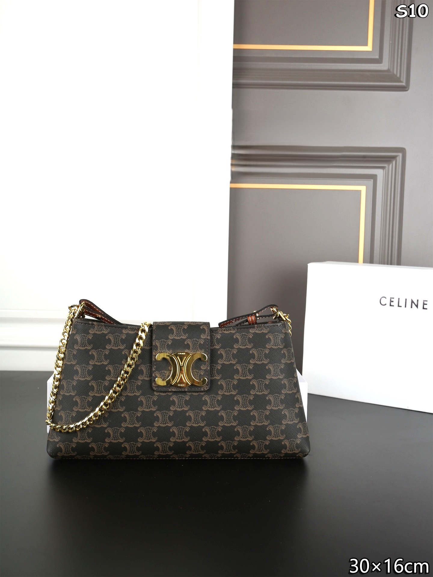 Celine Triomphe Monogram Leather Gold-tone Clasp Chain Lightweight Hobo Shoulder Bag - KAIROO