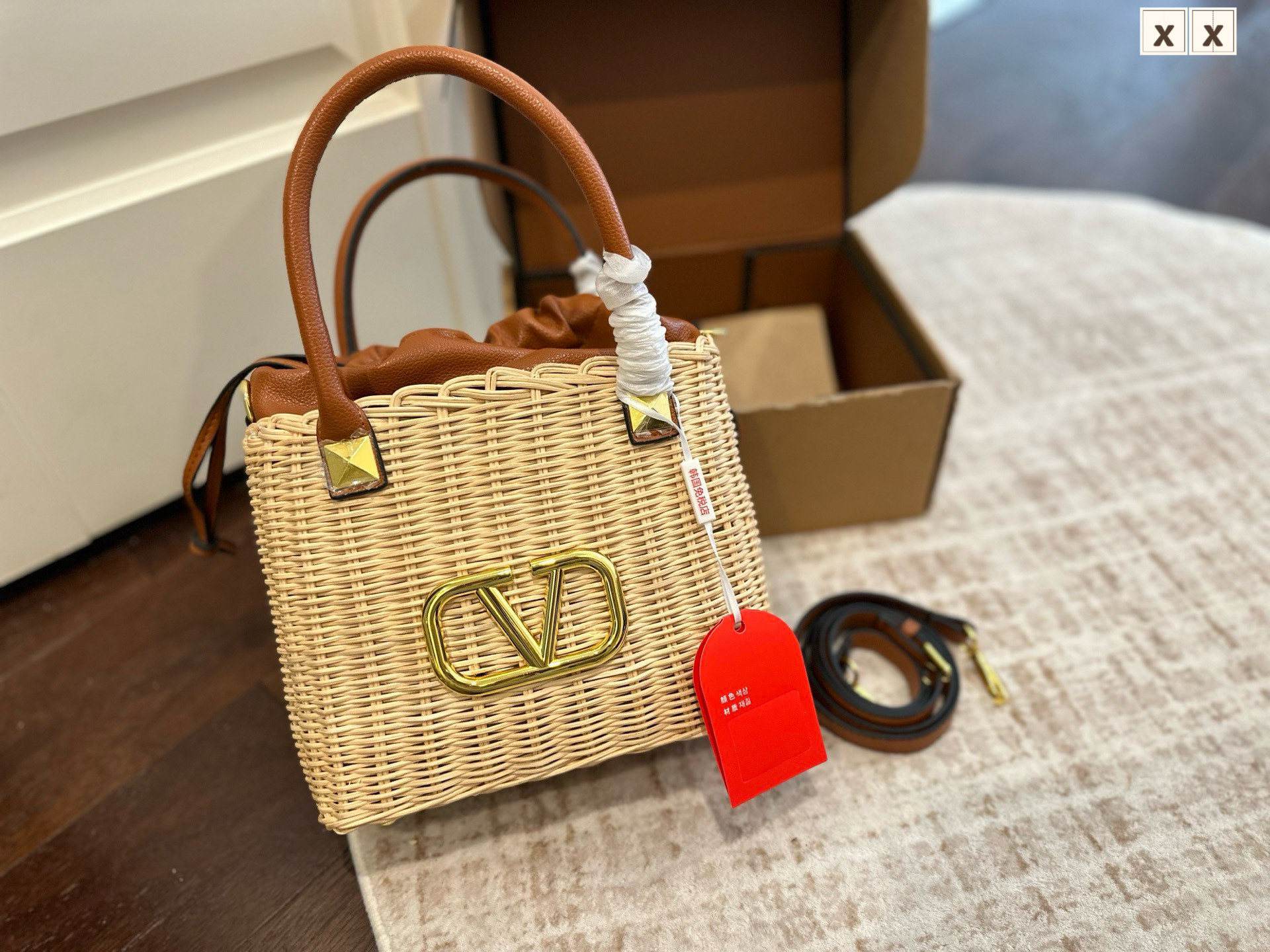 Valentino Garavani Gold VLogo Woven Raffia Leather Drawstring Lining Handle Basket Bucket Bag - KAIROO