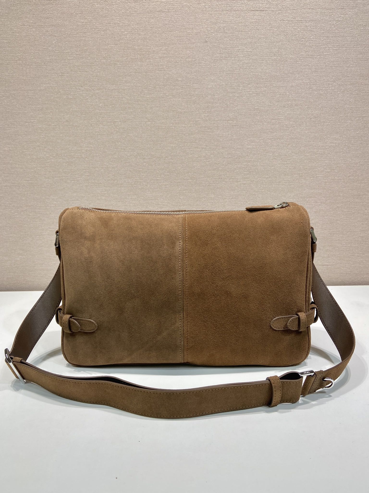 Prada HOBO BAG 35 IN GINGERBREAD SUEDE SILVER LOGO