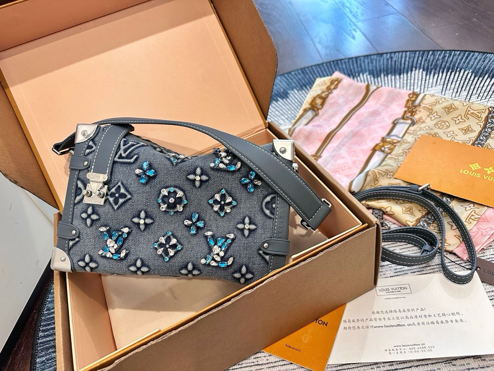 Louis Vuitton LV Side Trunk MM Grey Blue Crystal Embellished Denim Monogram S-Lock Soft Shoulder Bag - KAIROO