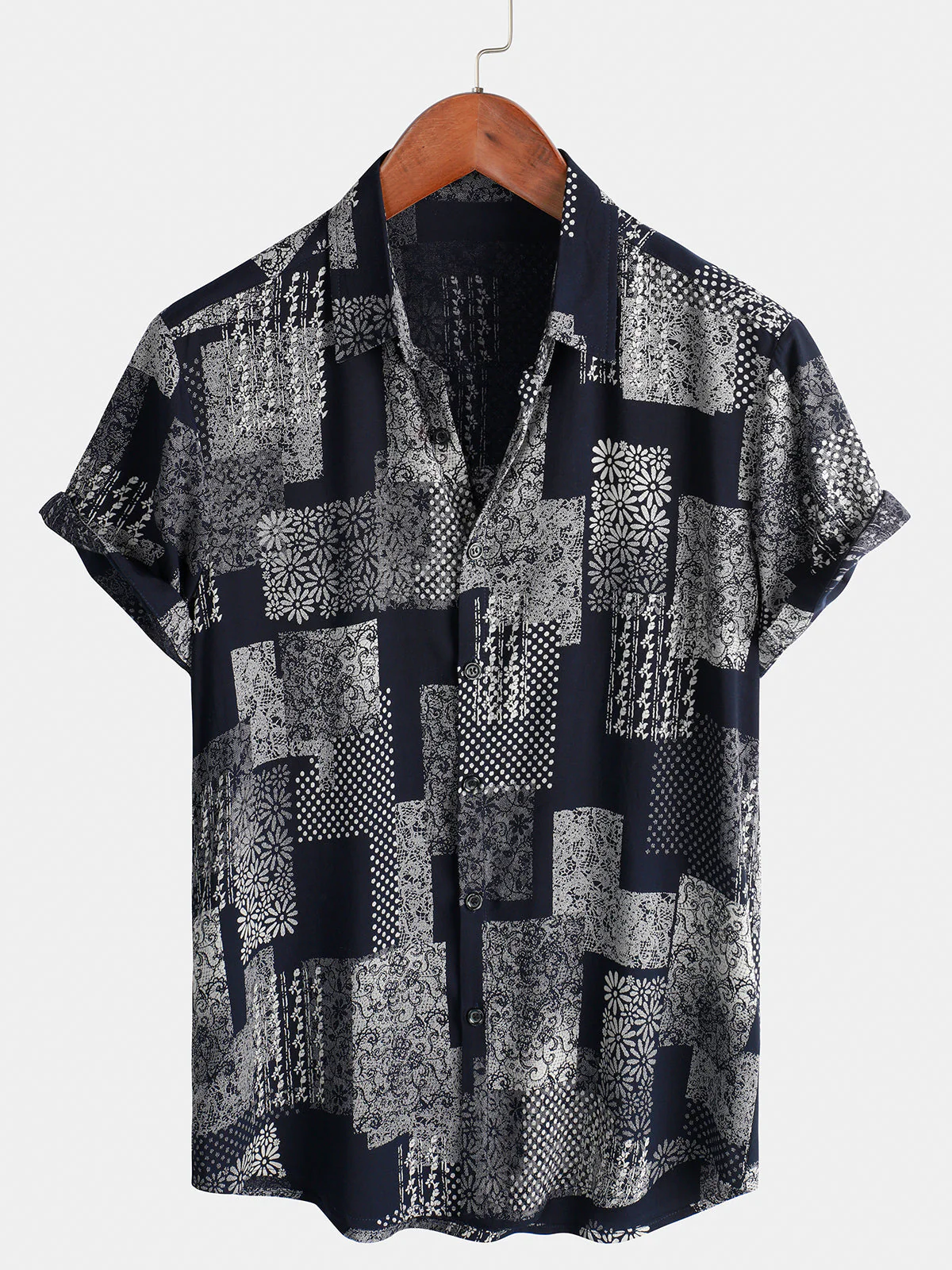 Men's Vintage Retro Daisy Floral Patchwork Print Vacation Button-Up Short Sleeve Shirt
