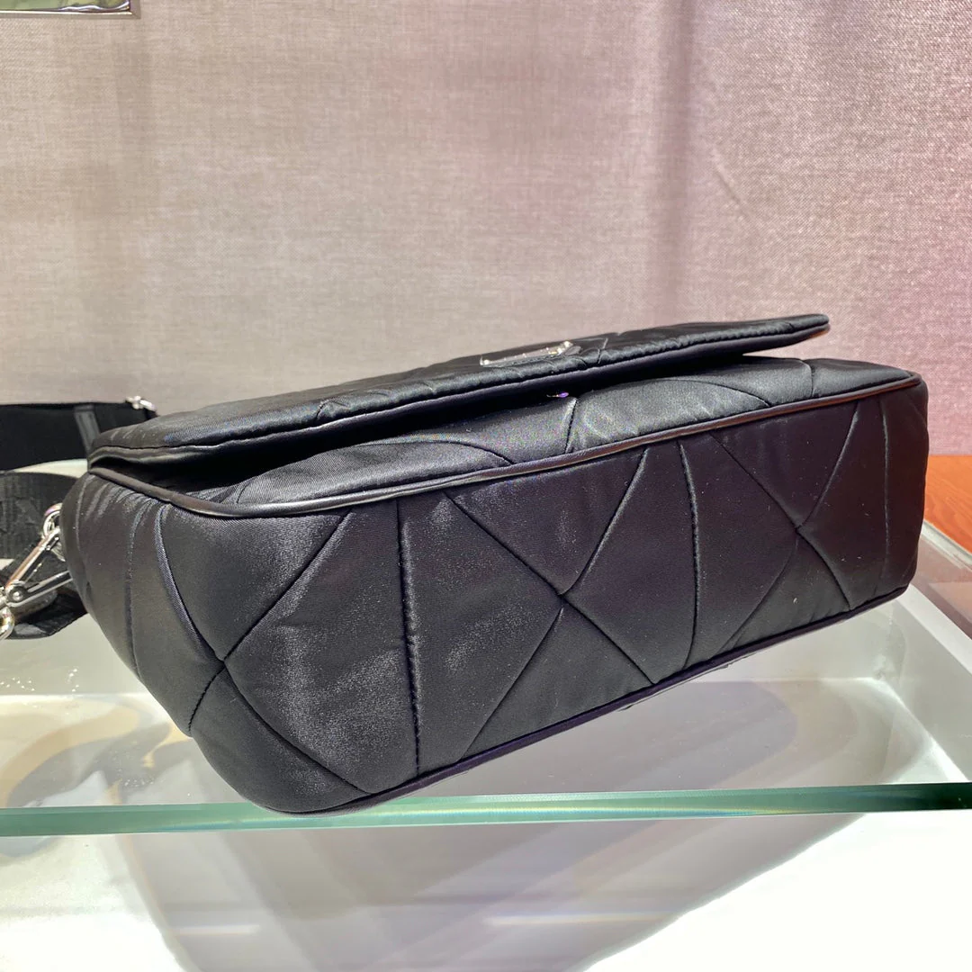 Prada LARGE FLAP BAG 28 IN BLACK TRIANGULAR QUILTED PATTERN RE-NYLON