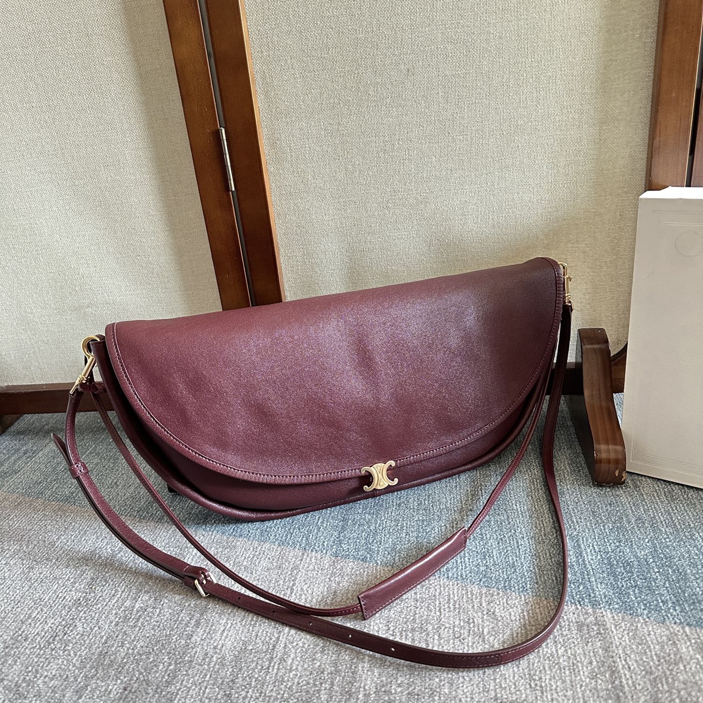 Celine Large Halfmoon Soft Triomphe Bag in Supple Lambskin-Burduny