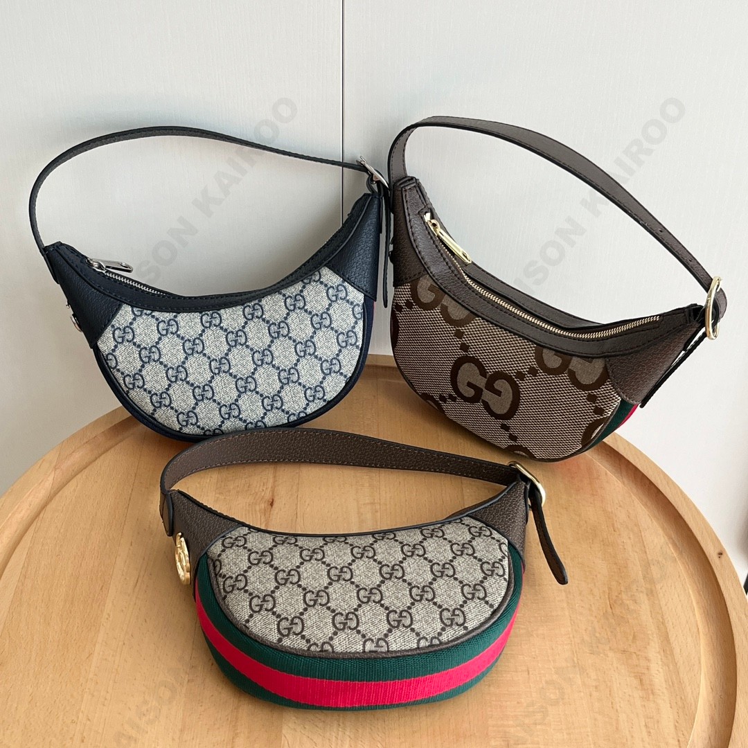 Gucci Ophidia Mini GG Supreme Canvas Bottom Web Stripe Jumbo Pea Moon Hobo Shoulder Bag - KAIROO