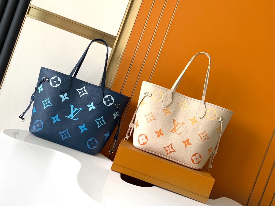 Louis Vuitton LV Neverfull MM Navy&Beige Gradient Giant Logo Monogram Empreinte Leather Tote Bag - KAIROO