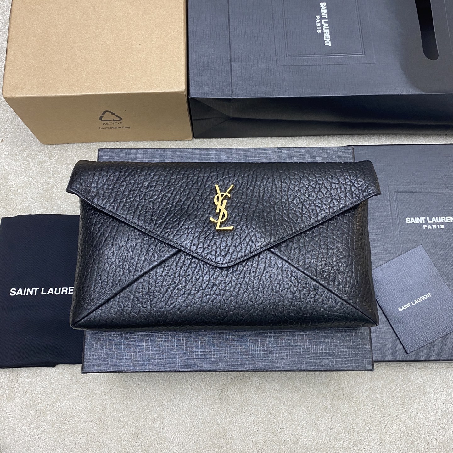 Saint Laurent Black Lambskin Cassandre Large Envelope Pouch