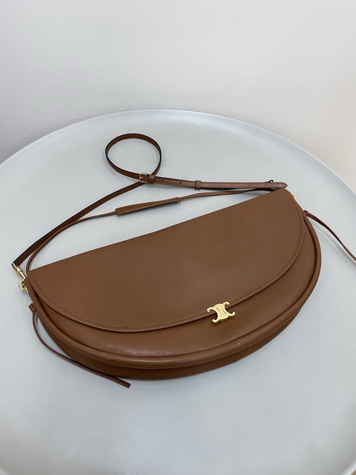 Celine Large Halfmoon Soft Triomphe Bag in Supple Lambskin-Brown