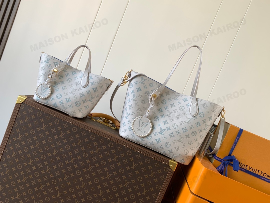 【10A】Louis Vuitton LV Mahina Blossom PM&MM Grey Blue Perforated Monogram Leather Basket Handle Tote Bag - KAIROO