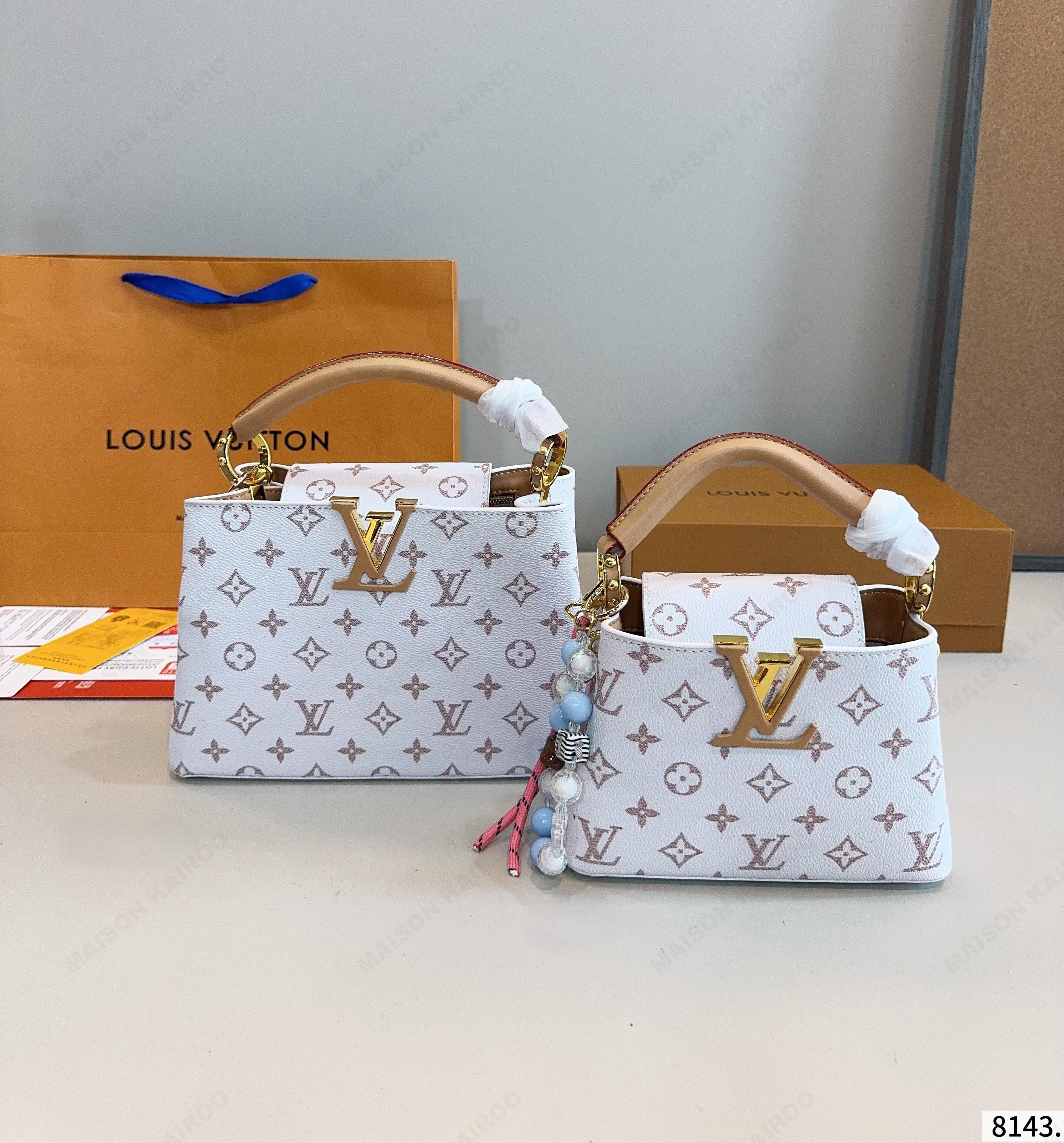 Louis Vuitton LV Capucines BB/Mini White Dusty Pink Monogram Canvas Leather Wide Strap Top Handle Bag - KAIROO
