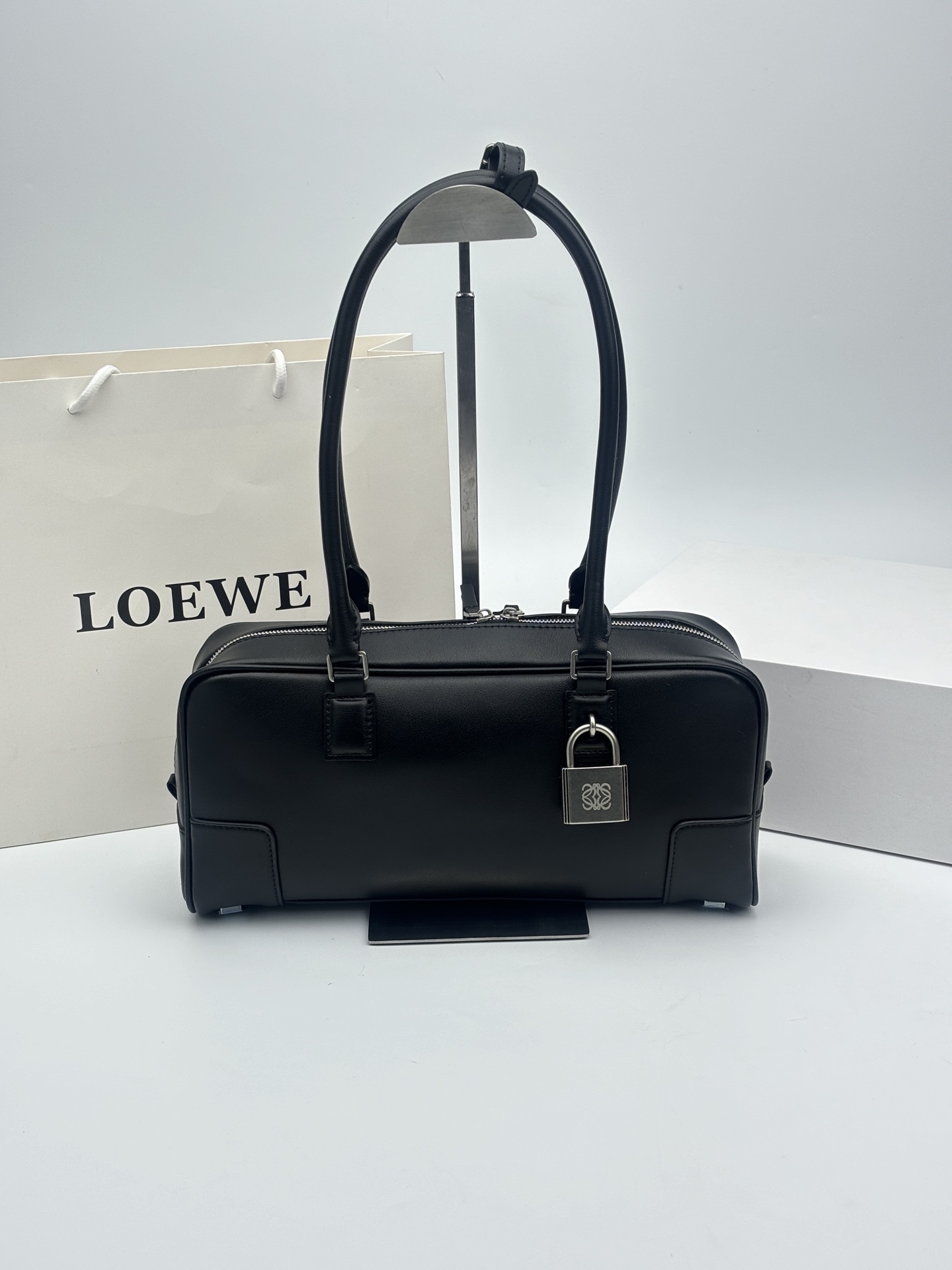 Loewe Amazona 28 Black Boston Nappa Leather Padlock Detail Handle Shoulder Bag - KAIROO