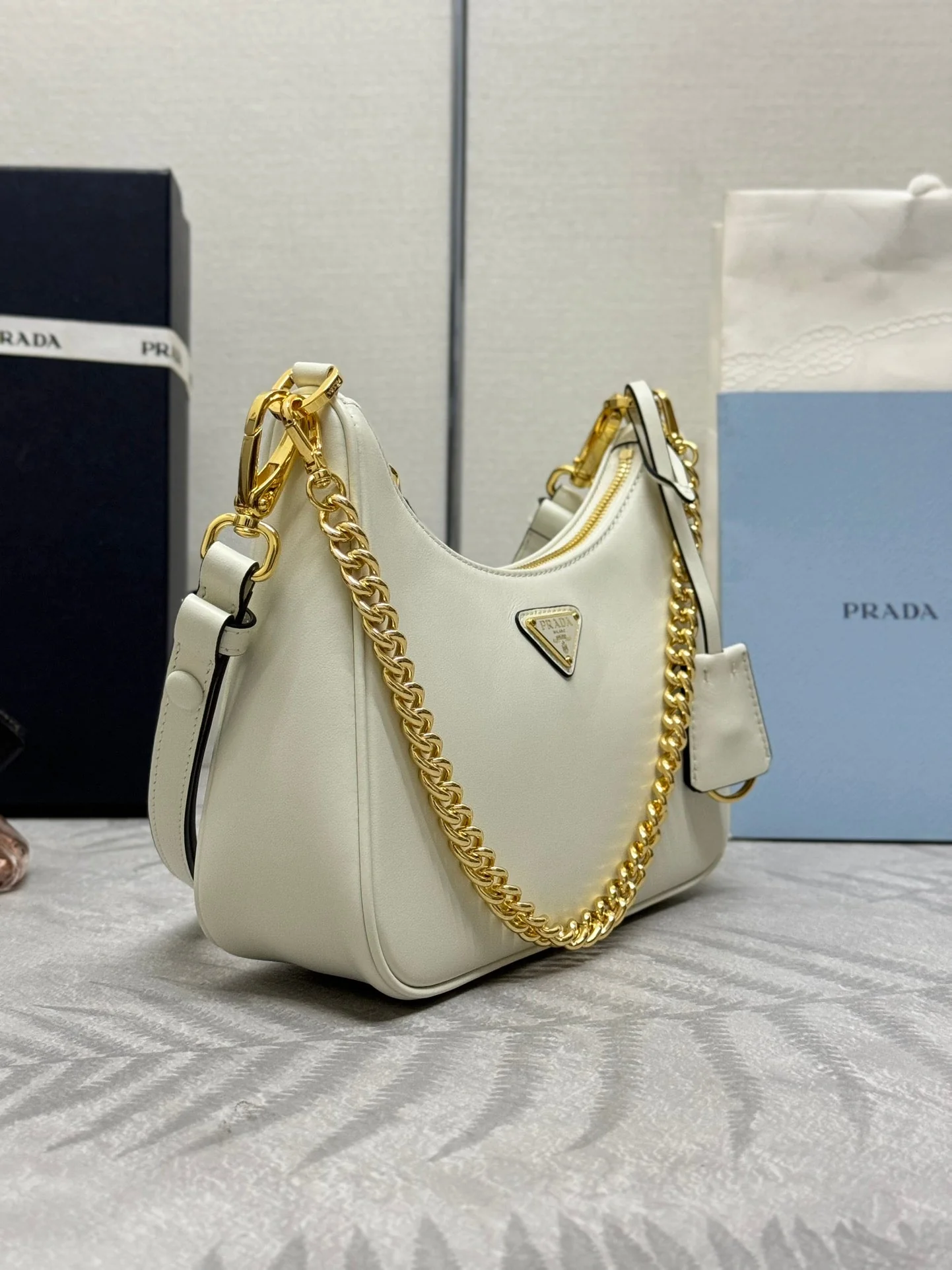 Prada HOBO BAG 23 IN WHITE NAPPA LAMBSKIN GOLD CHAIN
