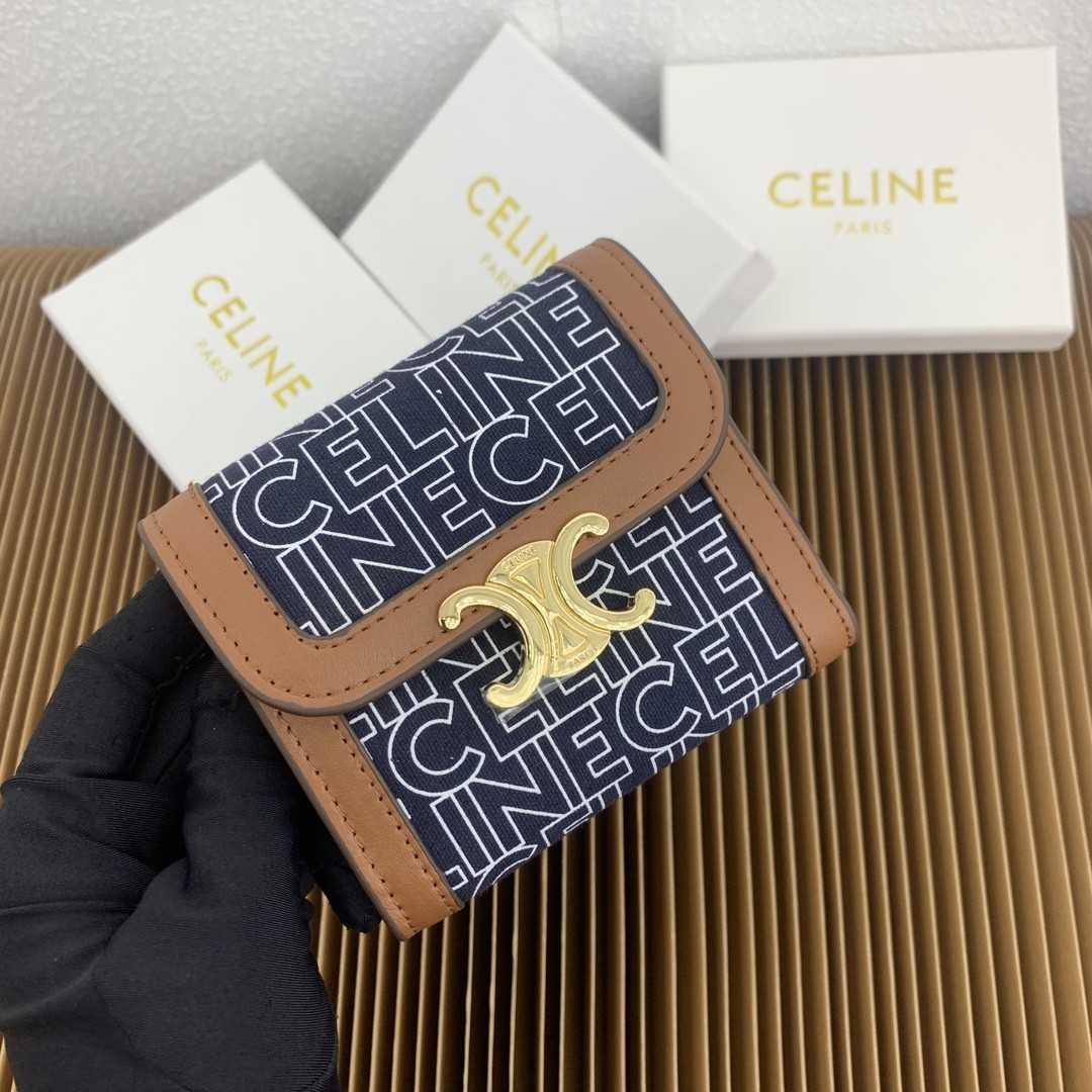 Celine Text Print Canvas Gold Triomphe Hardware Leather Trim Tri-fold Short Wallet - KAIROO