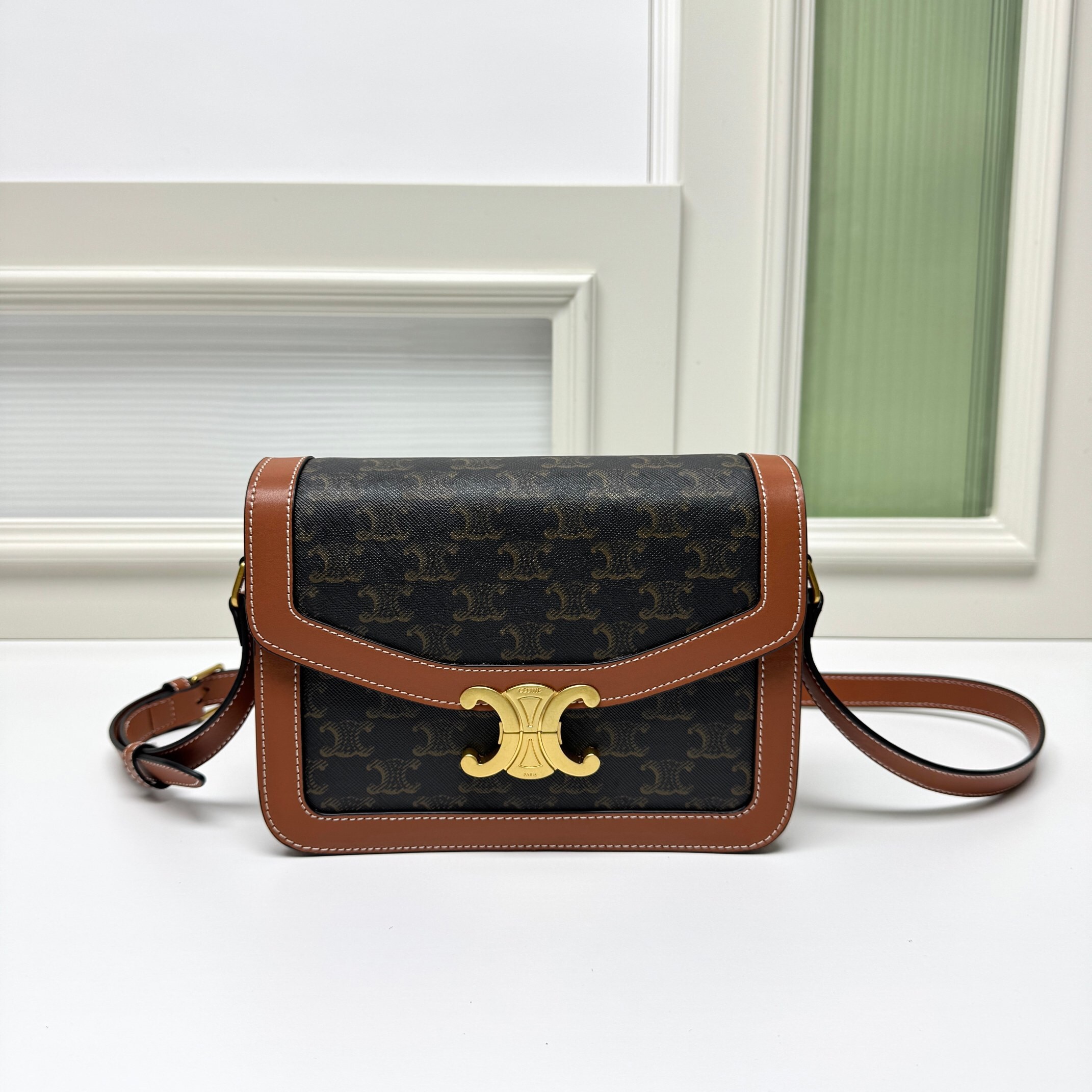 Celine Medium Monogram Canvas Leather Metal Tone Triomphe Hardware Flap Box Crossbody Bag - KAIROO