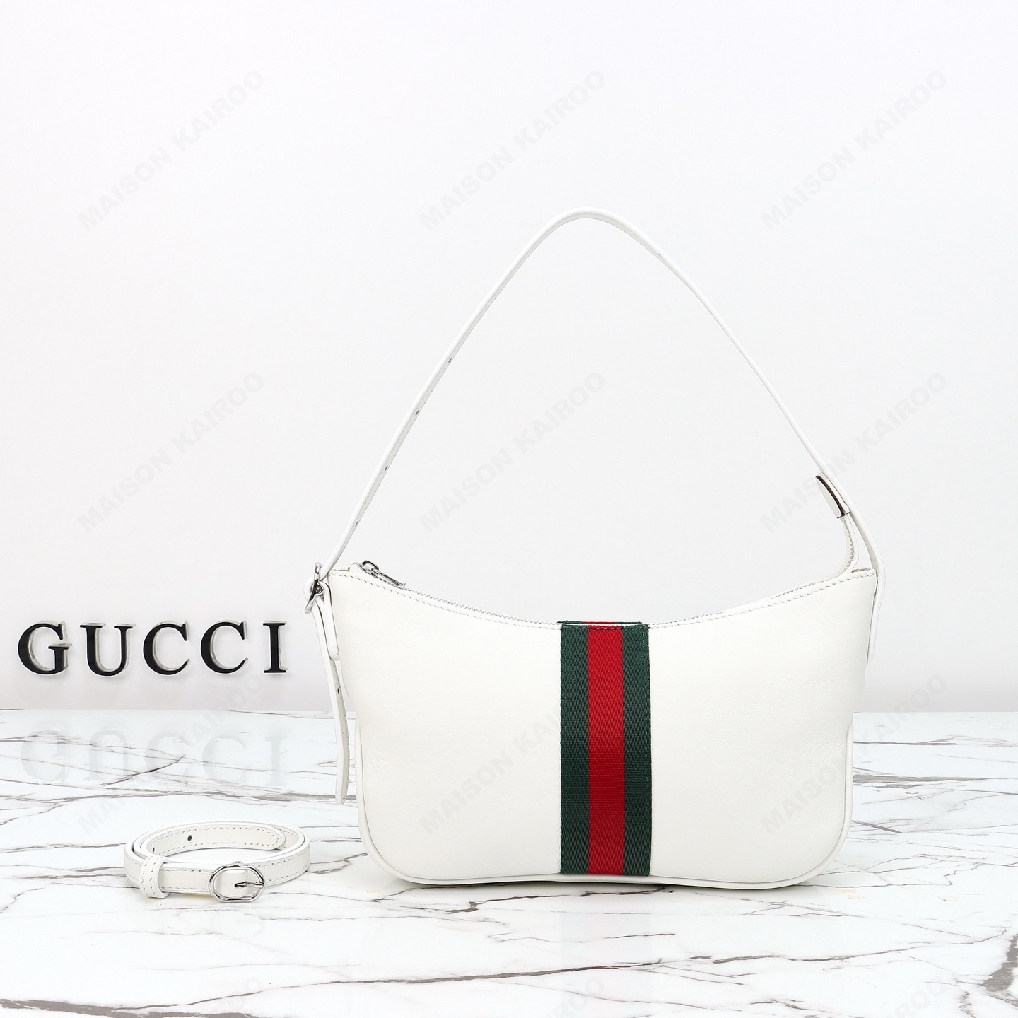 【10A】Gucci Small Lunetta Ophidia Smooth Leather Web Stripe Moon Hobo Shoulder Bag - KAIROO