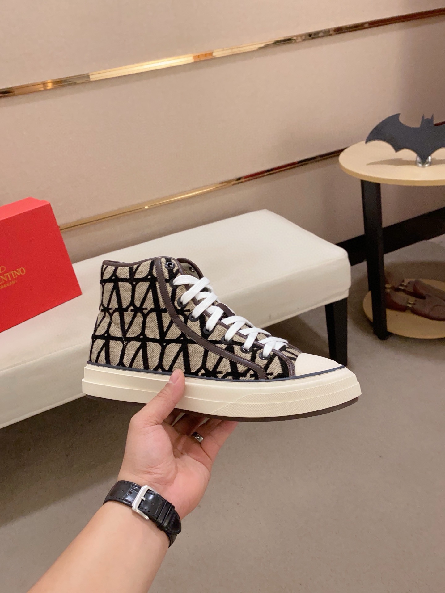 Valentino Garavani Toile Iconographe Beige Black VLogo Canvas High Top Sneakers - KAIROO