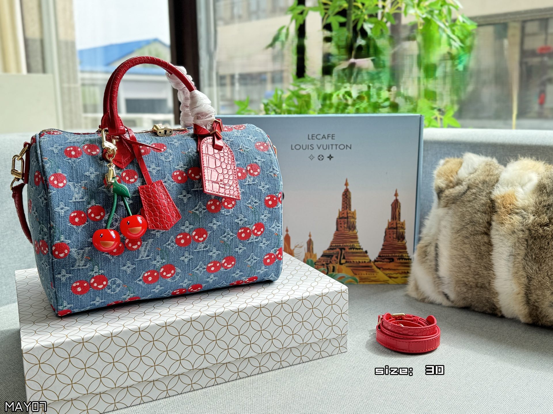 Louis Vuitton x Takashi Murakami LV Speedy 30 Cerises Denim Crocodile Embossed Boston Top Handle Bag - KAIROO
