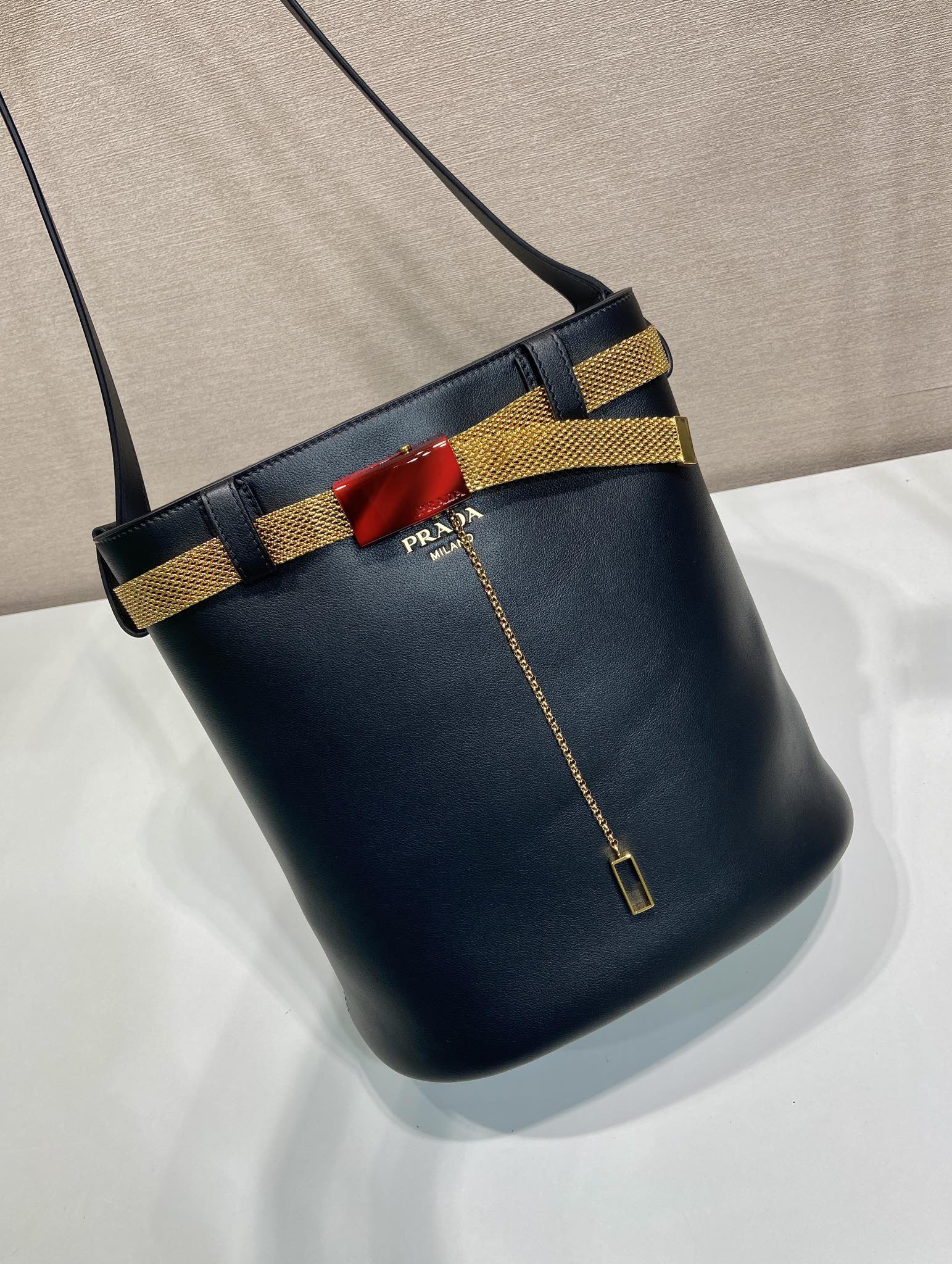 Prada PRA bucket bag iron chain black leather 341179