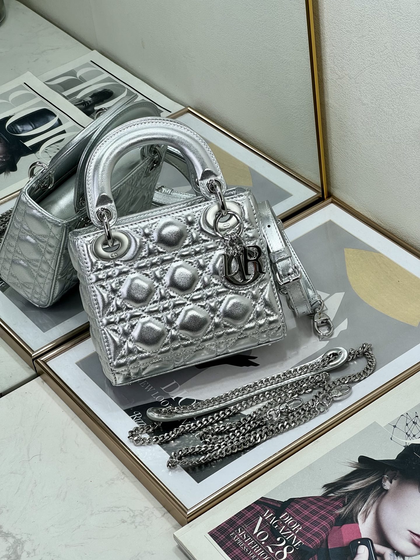 Mini Lady Dior Bag in Metallic Silver Cannage Lambskin