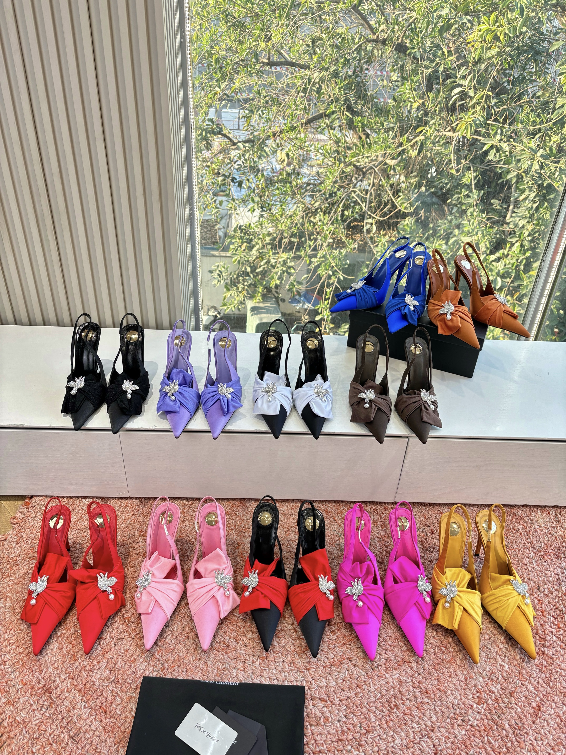 Saint Laurent YSL Maxine Pointed Closed Toe Silk Satin Bow Crystal Brooch Slingback Stiletto Heels Sandals - KAIROO