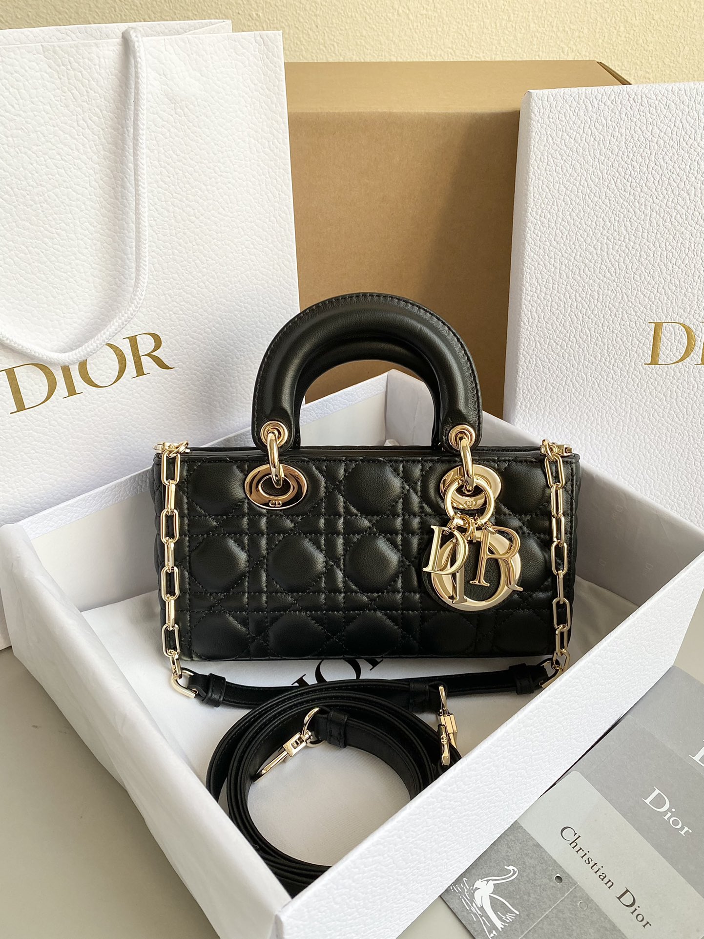 Small Lady D-Joy Bag in Black Cannage Lambskin