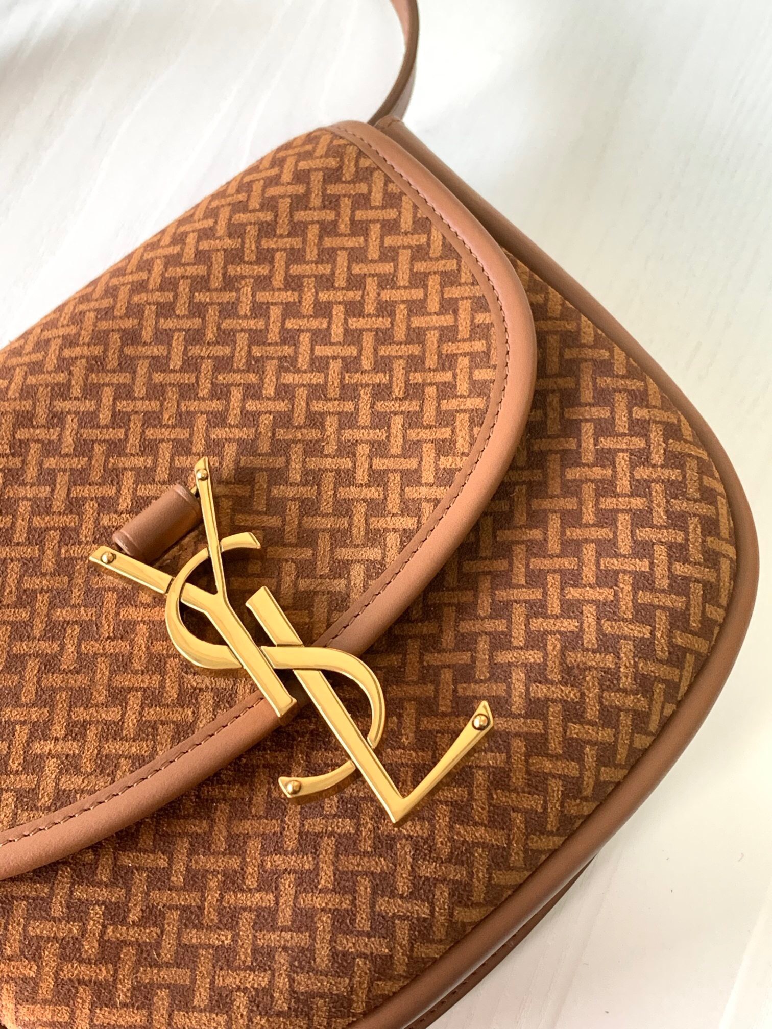 Saint Laurent YSL caramel frosted printed diagonal cross bag