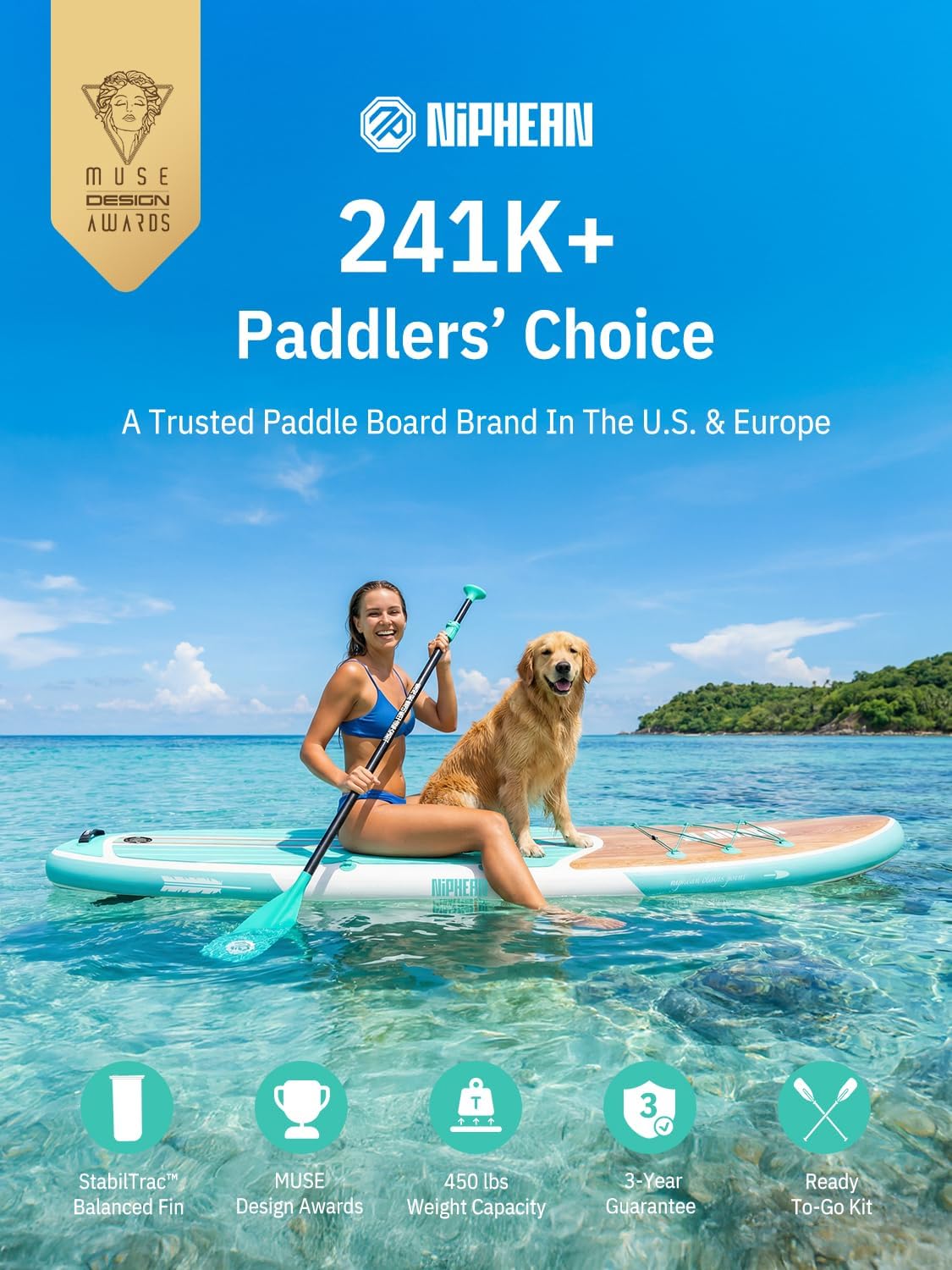 Niphean Inflatable Stand Up Paddle Board with SUP Accessories, Anti-Slip EVA Deck, 10’6’’ Inflatable Paddle Boards for Adults & Youth of All Skill Levels