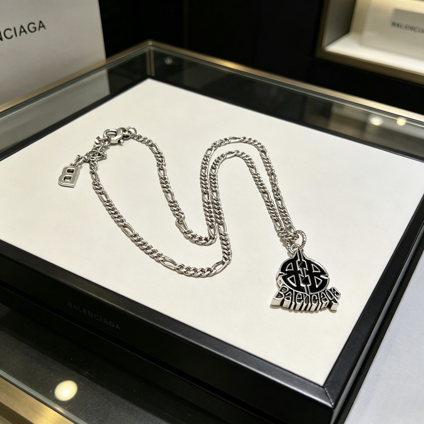 Balenciaga BB Icon Black Enamel Logo Plaque Pendant Silver Tone Necklace - KAIROO