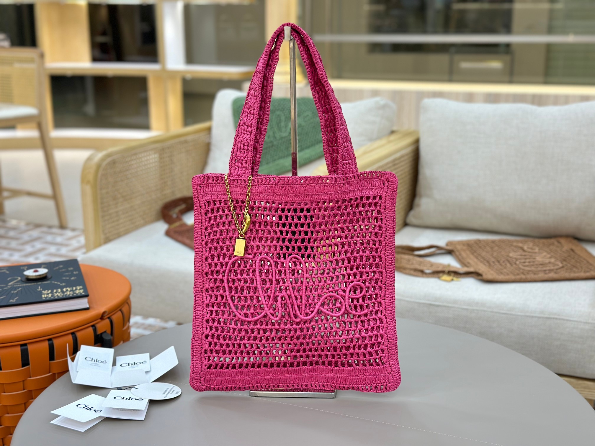 Chloe Summer BanaNa Tote Bag in Raffia-Fuchsia Rose