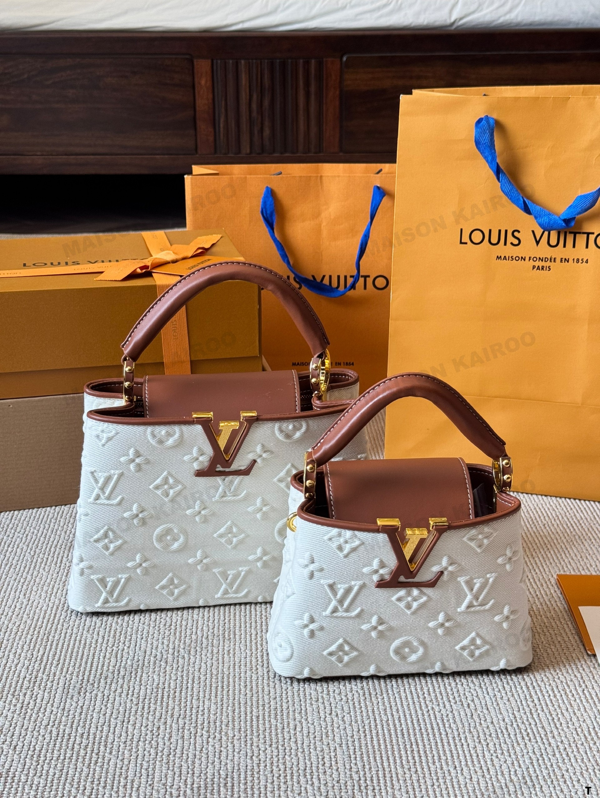 Louis Vuitton LV Capucines BB/Mini White Embossed Monogram Jacquard Leather Wide Strap Top Handle Bag - KAIROO