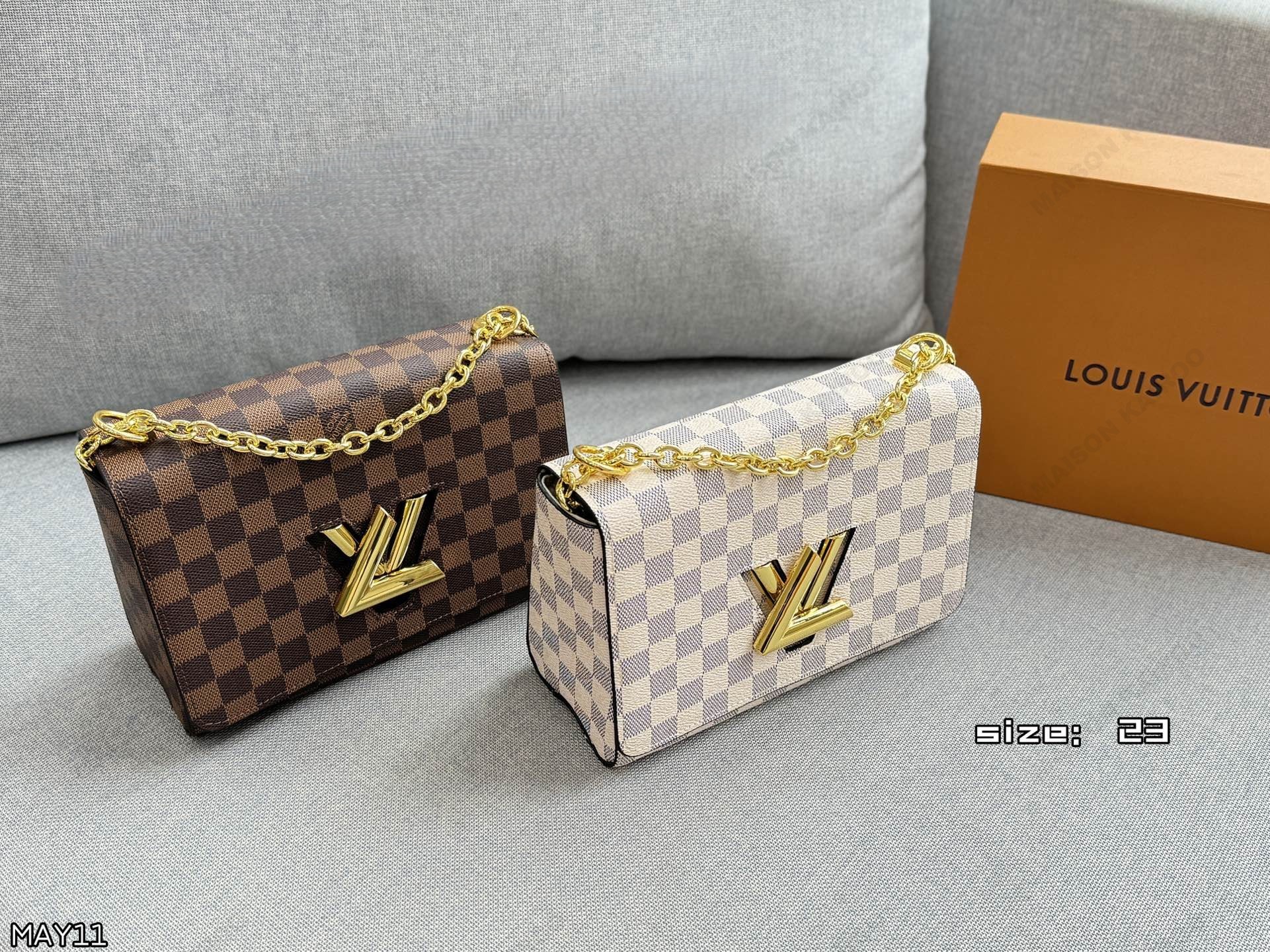Louis Vuitton LV Twist Lock MM Damier Ebene& Azur Canvas Leather Gold Logo Flap Chain Shoulder Bag - KAIROO