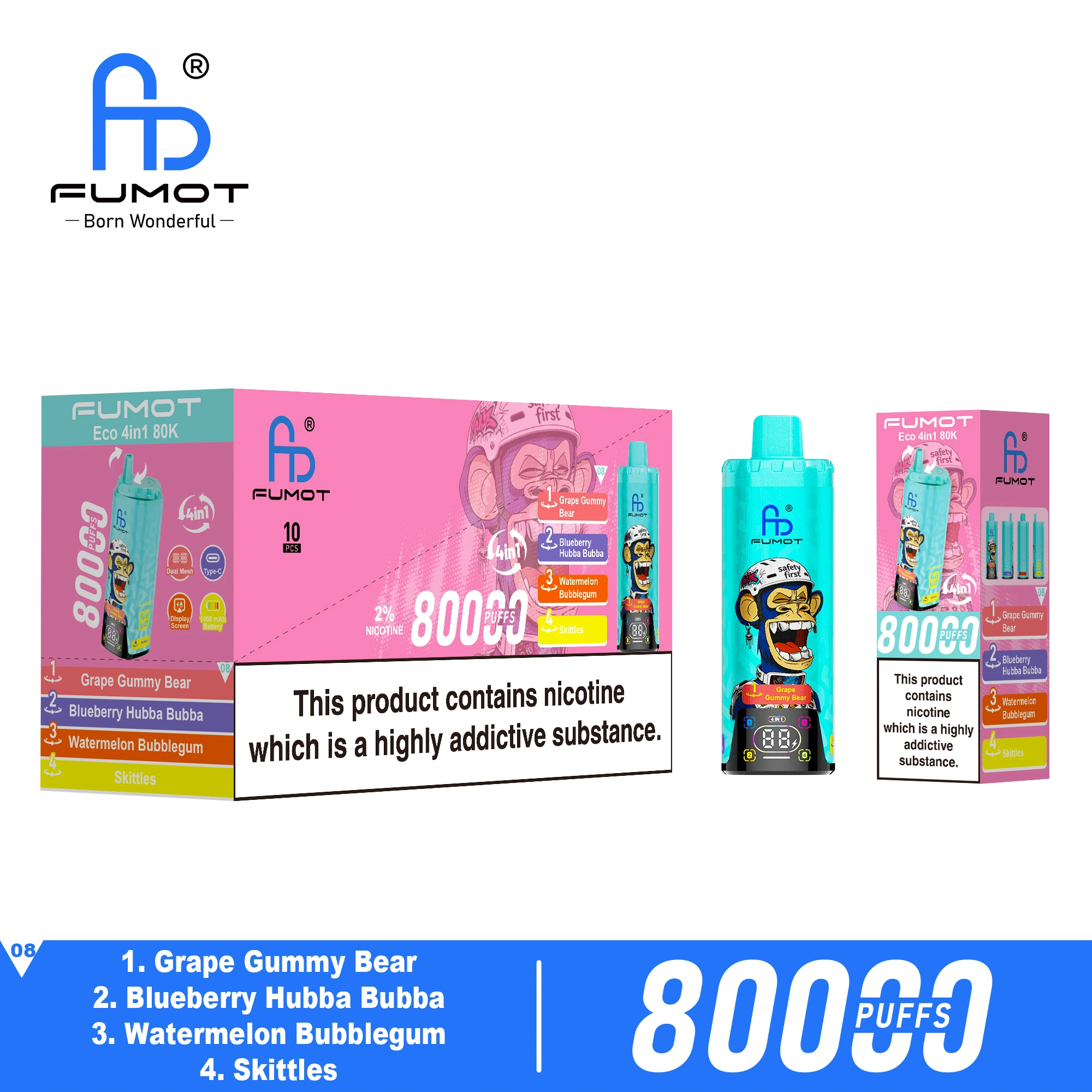 FUMOT 80K 4in1-Grape Gummy Bear&Blueberry Hubba Bubba&Watermelon Bubblegum&Skittles - Vaba Vape-Shop
