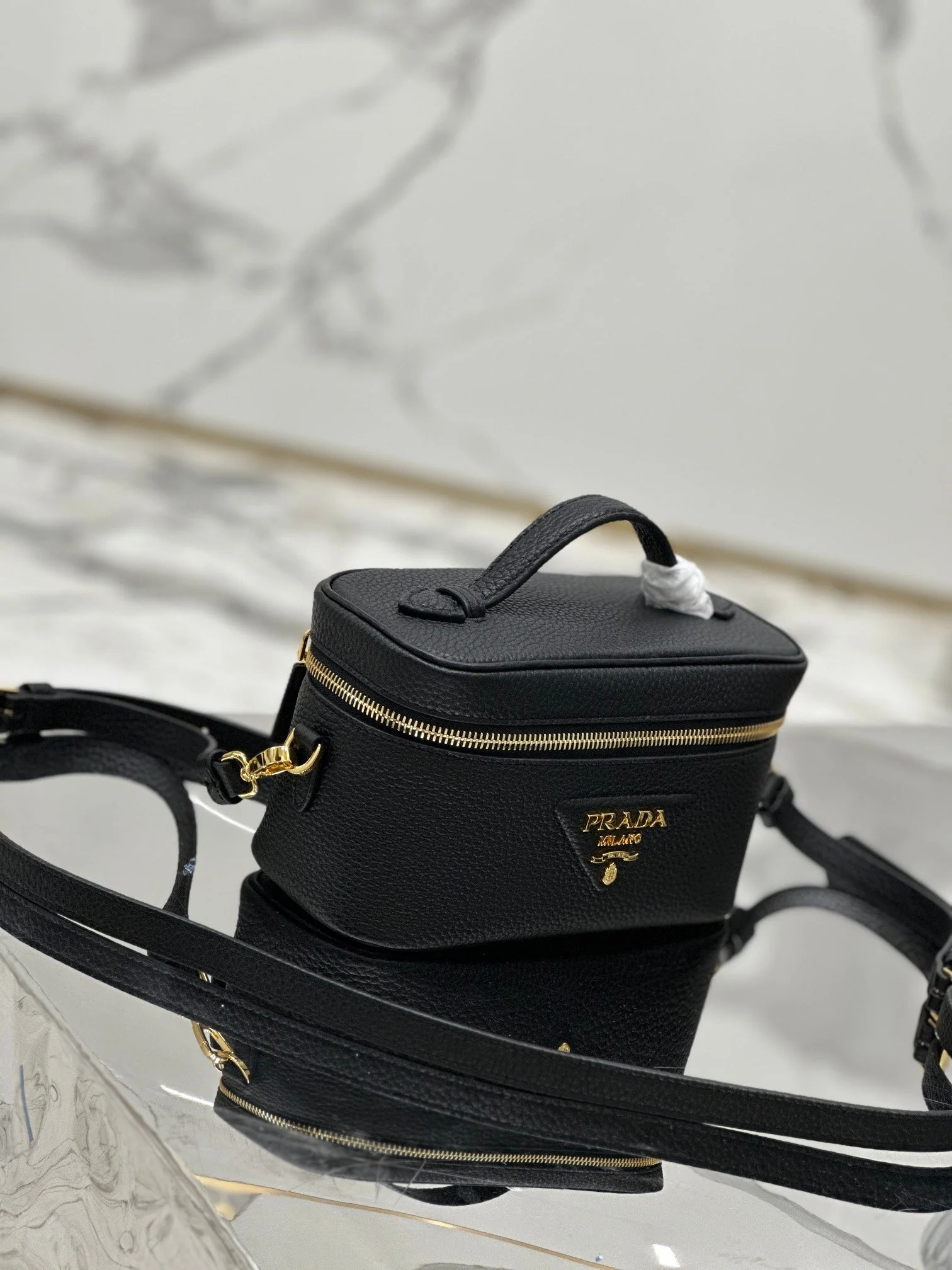 Prada VANITY CASE 18 IN BLACK GRAINED CALFSKIN GOLD HARDWARE