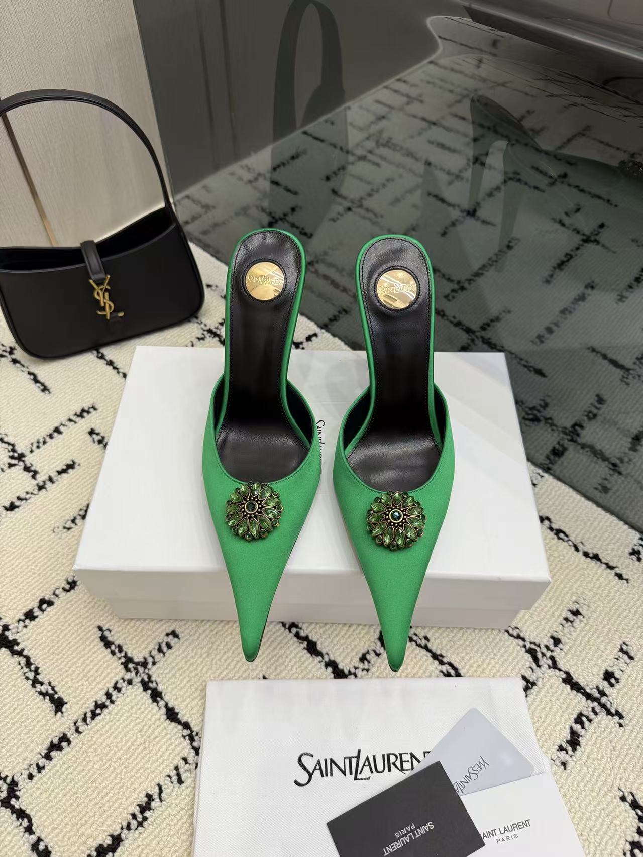 Saint Laurent YSL Emerald Green Pointed Toe Satin Crystal Brooch Stiletto Heel Mules Sandals - KAIROO