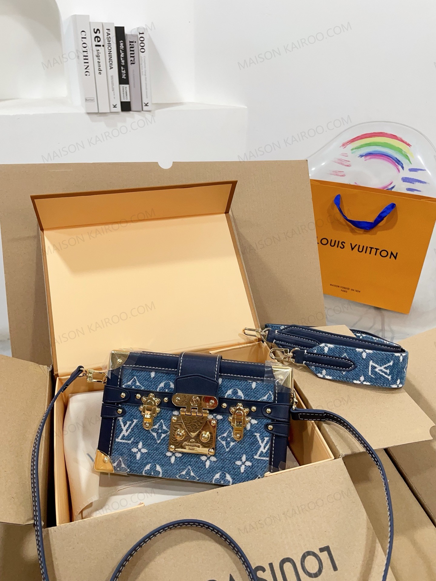 Louis Vuitton LV Petite Malle Trunk Monogram Jacquard Denim Blue S-Twist Lock Crossbody Bag - KAIROO