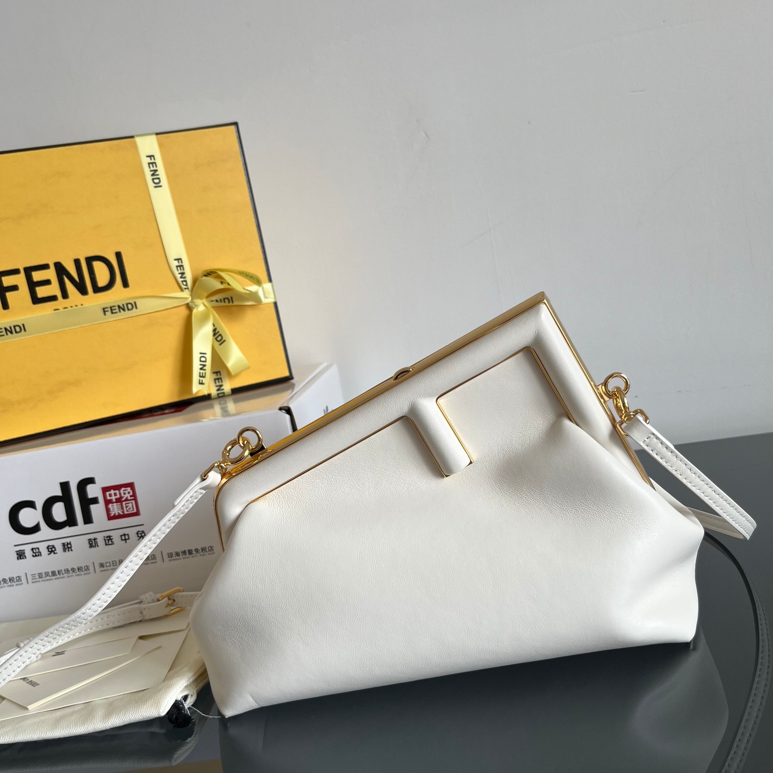 Fendi White Small Nappa Leather Clutch with Oversized Metal F Clasp - KAIROO
