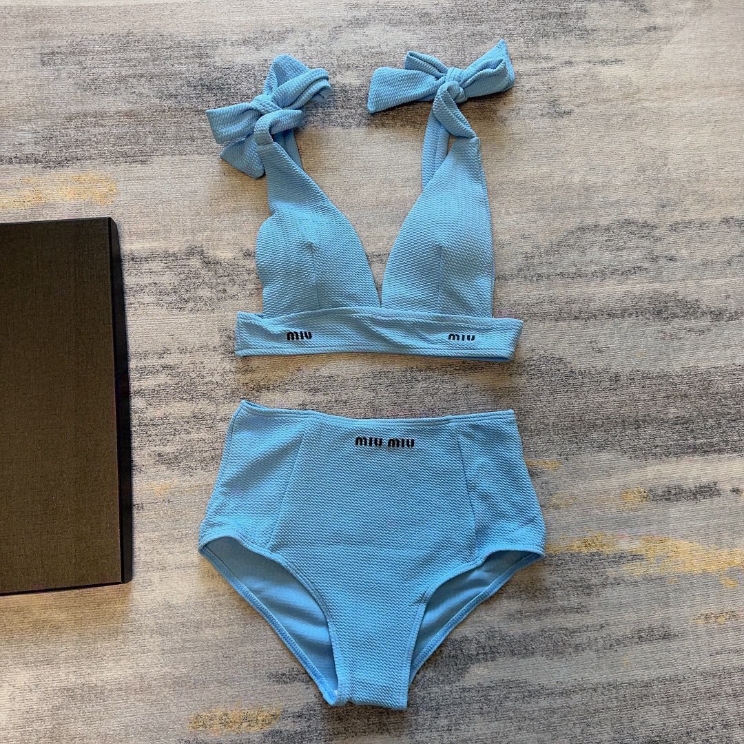 Miu Miu Baby Blue Textured Big Bow Halter High-Waist Logo Bikini Two-Piece Swimsuit - KAIROO