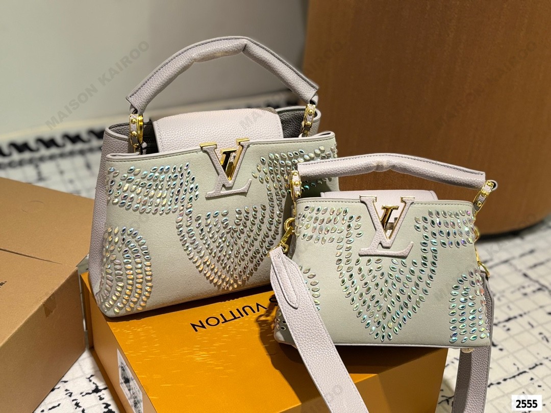 Louis Vuitton LV Capucines BB/Mini Logo Petals Motif Teardrop Crystal Leather Top Handle Bag - KAIROO