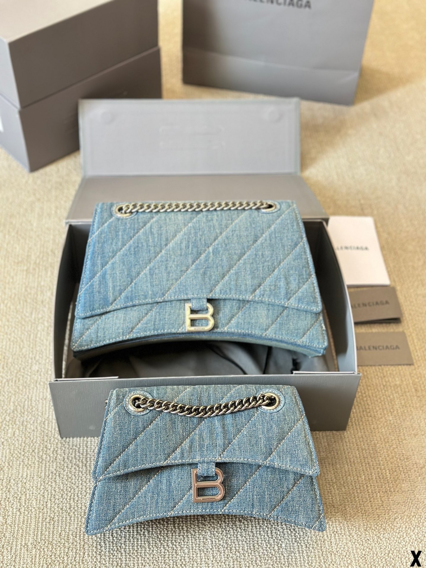 Balenciaga S/M Crush Diagonal Quilted Denim Blue Chain Strap Flap Hourglass Shoulder Bag - KAIROO