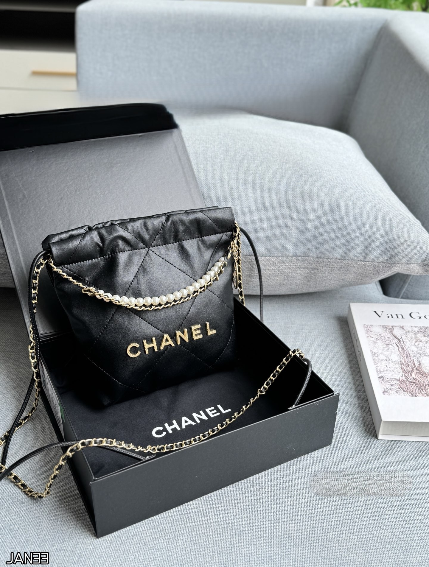 Chanel 22 Mini Pearl Chain Quilted Leather Drawstring Trash Bucket Shoulder Bag - KAIROO
