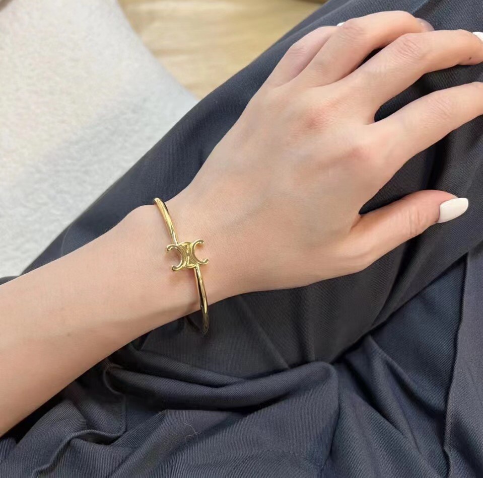 Celine Gold Finish Triomphe Logo Thin Cuff Open Bangle Bracelet - KAIROO