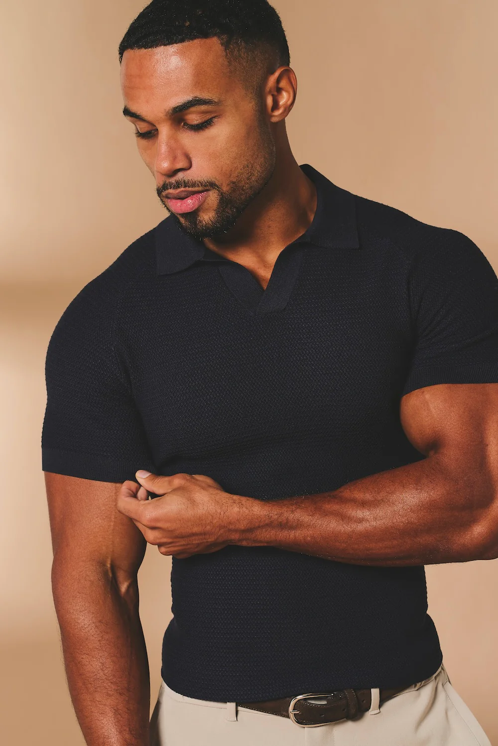 Textured Knitted Open Collar Polo Shirt in Navy